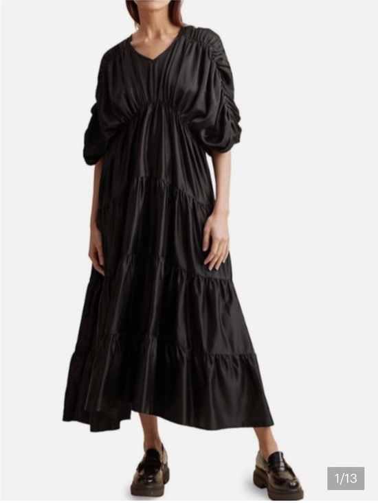 Merlette Dresses & Skirts - Merlette Black Athene Cotton Ruched Tiered Midi Dress Puff Sleeve Size S